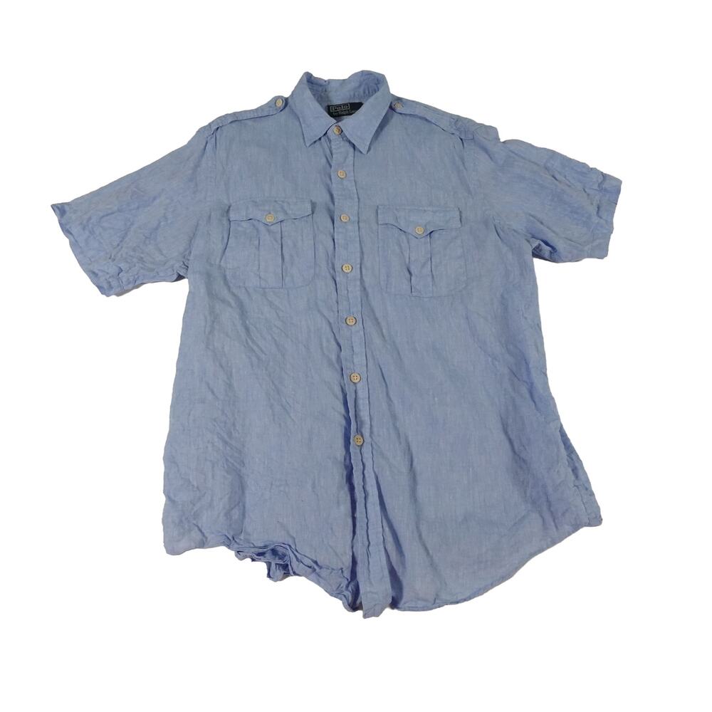Ralph Lauren Vintage Linen Dual Pocket Blue Short Sleeve Shirt Men's Large